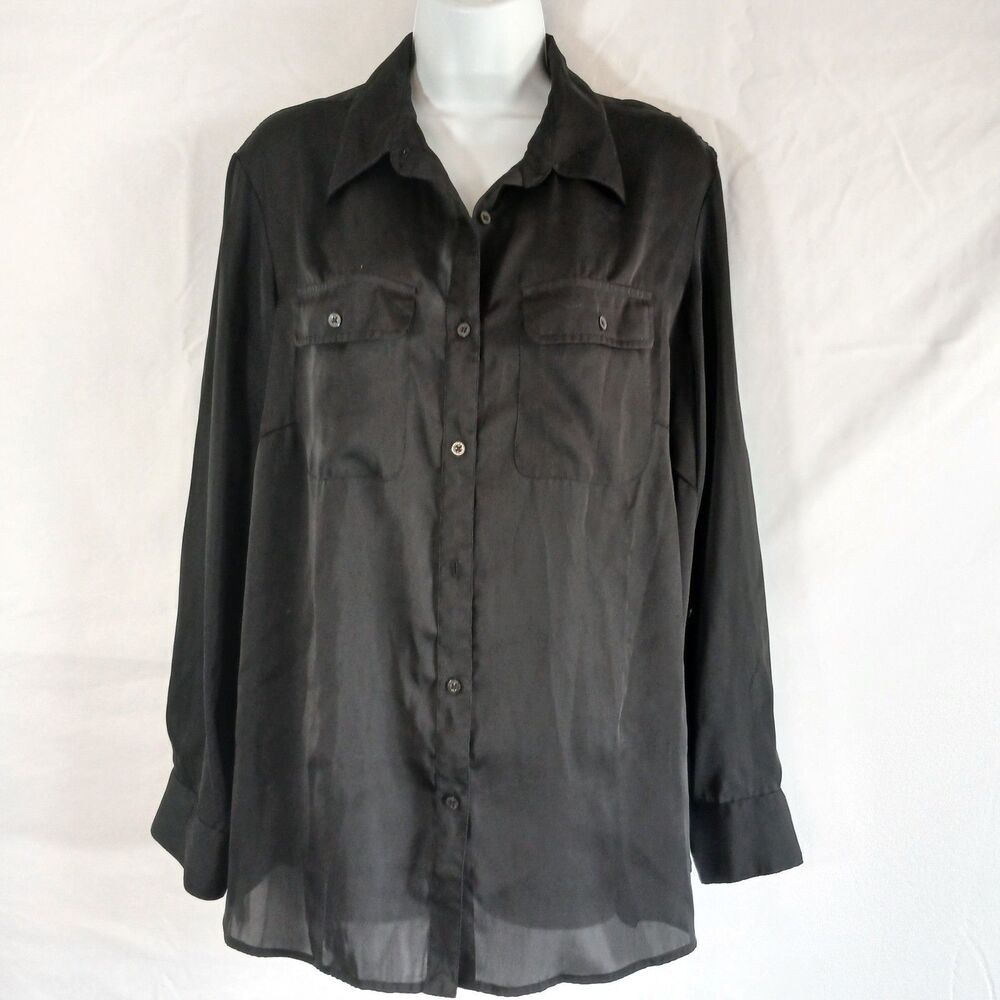 Lauren Ralph Lauren Green Label Black Shirt Button Up Sheer Sz 1X Preppy Office